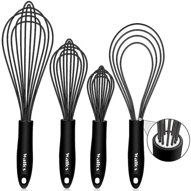 Walfos Silicone Whisk and Flat Whisk Set of 4 - Heat Resistant Kitchen Silicone Whisks for Non-stick Cookware, Balloon Egg Beater Perfect for Blending, Whisking, Beating, Frothing & Stirring, Black