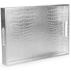 Beautiful Modern Elegant Silver 18"x12" Rectangle Glossy Alligator Croc Decorative Ottoman Coffee Table Perfume Living Dining Room Kitchen Serving Tray With Handles By Home Trends For All Occassion's