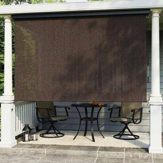VICLLAX Premium Outdoor Roller Shade, 220GSM 95% Patio Cordless Blinds with Aluminum Valance (8' W X 8' L), Mocha