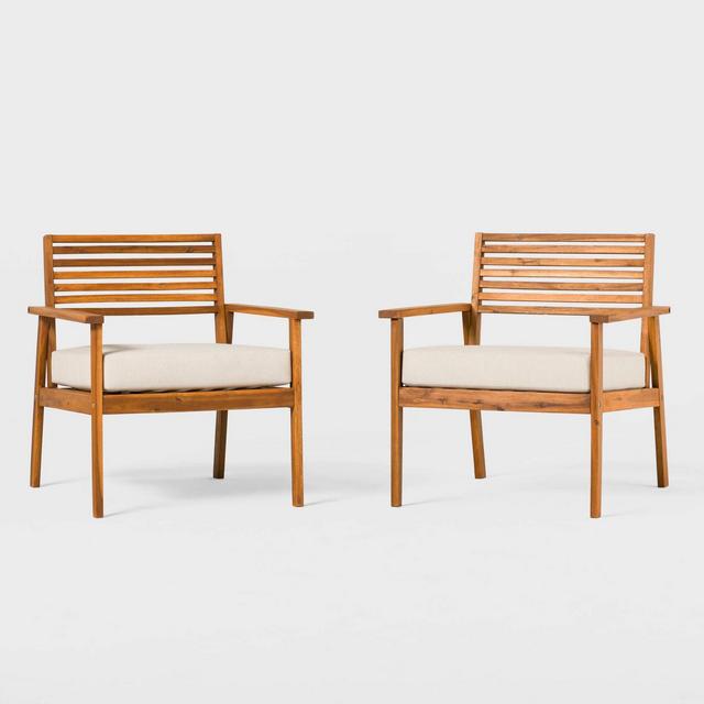 Saracina Home 2pk Mid-Century Modern Acacia Slatted Patio Arm Chairs Brown