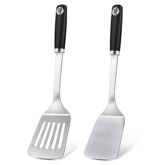 2 Pcs Silicone Stainless Steel Spatulas Set, Metal Spatula Solid & Slotted Turner, Heavy Duty Sturdy Spatula for Kitchen Use, High Heat Resistant Cooking Utensils for Fish Eggs Pancakes, Easy to Clean