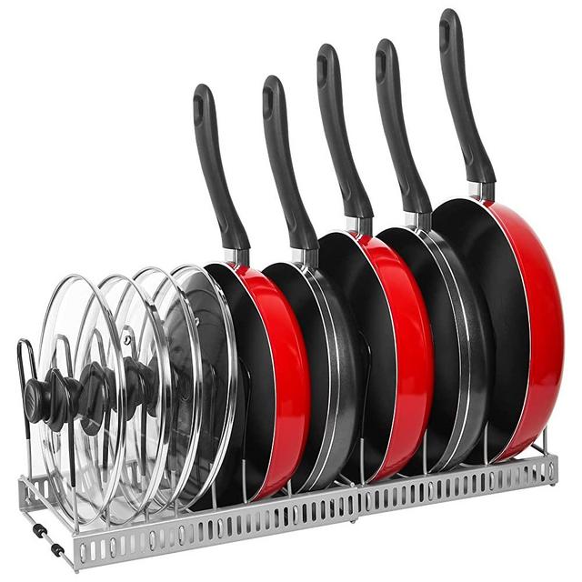 Pot Rack Organizer -Expandable Pot and Pan Organizer for Cabinet,Pot Lid Organizer Holder with 10 Adjustable Compartment for Kitchen Cabinet Cookware Baking Frying Rack