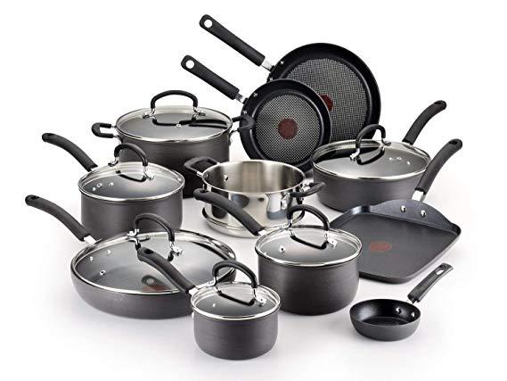 T-fal Hard Anodized Cookware Set, Nonstick Pots and Pans Set, 17 Piece, Thermo-Spot Heat Indicator,  Black