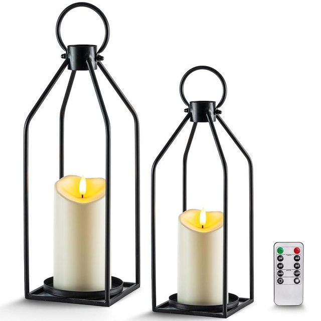 Homemory Modern Christmas Farmhouse Lantern Decor with Waterproof Flameless Candle & Remote Timer, 2PCS Black Metal Candle Lantern Decorative for Outdoor Indoor Home Living Room Patio Porch Table