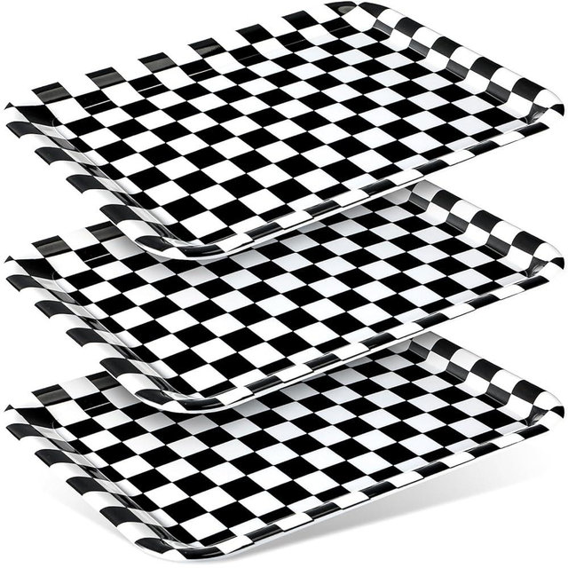 Zubebe 3 Pcs 13 x 10 Inch Checkered Serving Tray Black and White Serving Pieces Race Car Trays Rectangle Checker Plate Plaid Dishes Food Platter for Birthday Party