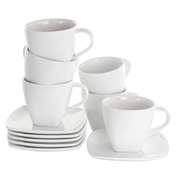 10oz 16pc Porcelain Market Square Cup and Saucer Set White - Elama