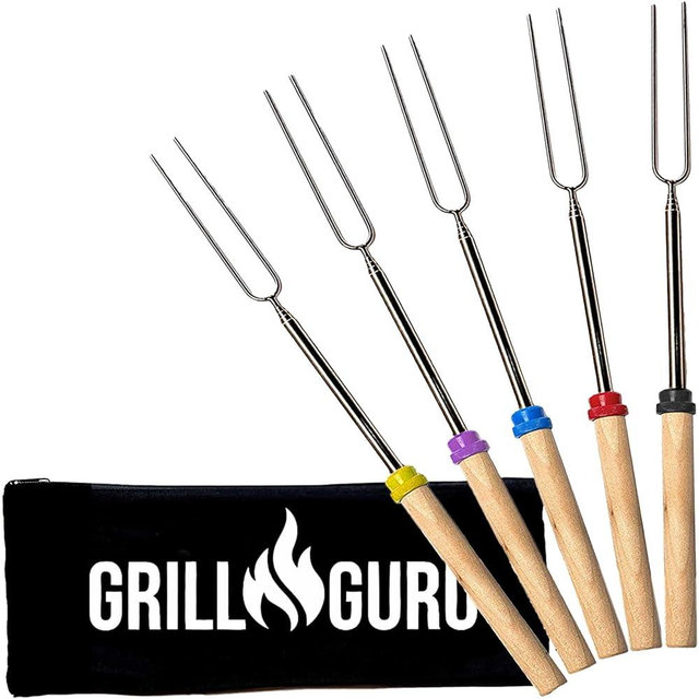 Grill Guru Smores Sticks for Fire Pit - Accessories for Campfire Marshmallow Roasting Sticks Smores Kit Outdoor-Smore Skewers Hot Dog Fork For Outside, Camping Essentials Bonfire Gear Long 32" 5 Pack