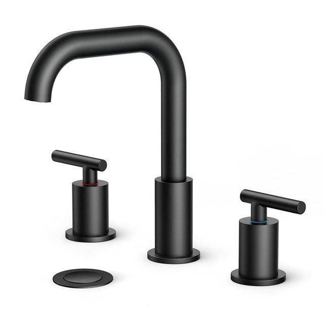 FORIOUS Black Bathroom Faucet 3 Hole Widespread 8 Inch, 2 Handles 360° Swivel Bathroom Sink Faucet with Pop Up Drain and Hoses, for Vanity Restroom RV Lavatory Sink, Matte Finish