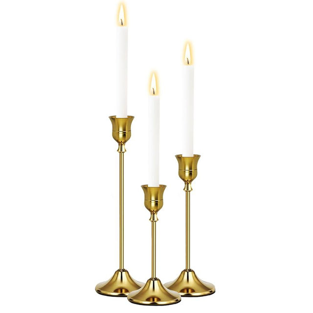 Uzvoxhe Gold Candlestick Holders Set of 3, Weighted, Metal Taper Candle Stick Holders, Vintage Christmas Brass Home Decor for Table, Mantel, Room Decorations Housewarming Gift Gold-3