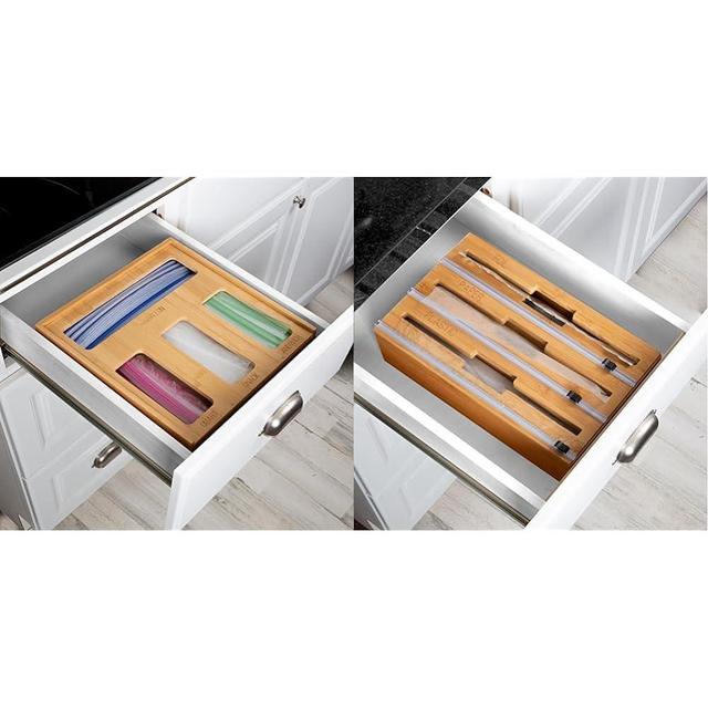 Honey-Can-Do Bamboo Plastic Bag Organizer for Kitchen Drawer | Gallon, Quart, Sandwich, Snack 3-In-1 Bamboo Food Wrap Organizer With Safety Cutter | Plastic, Wax, Paper and Foil Holder