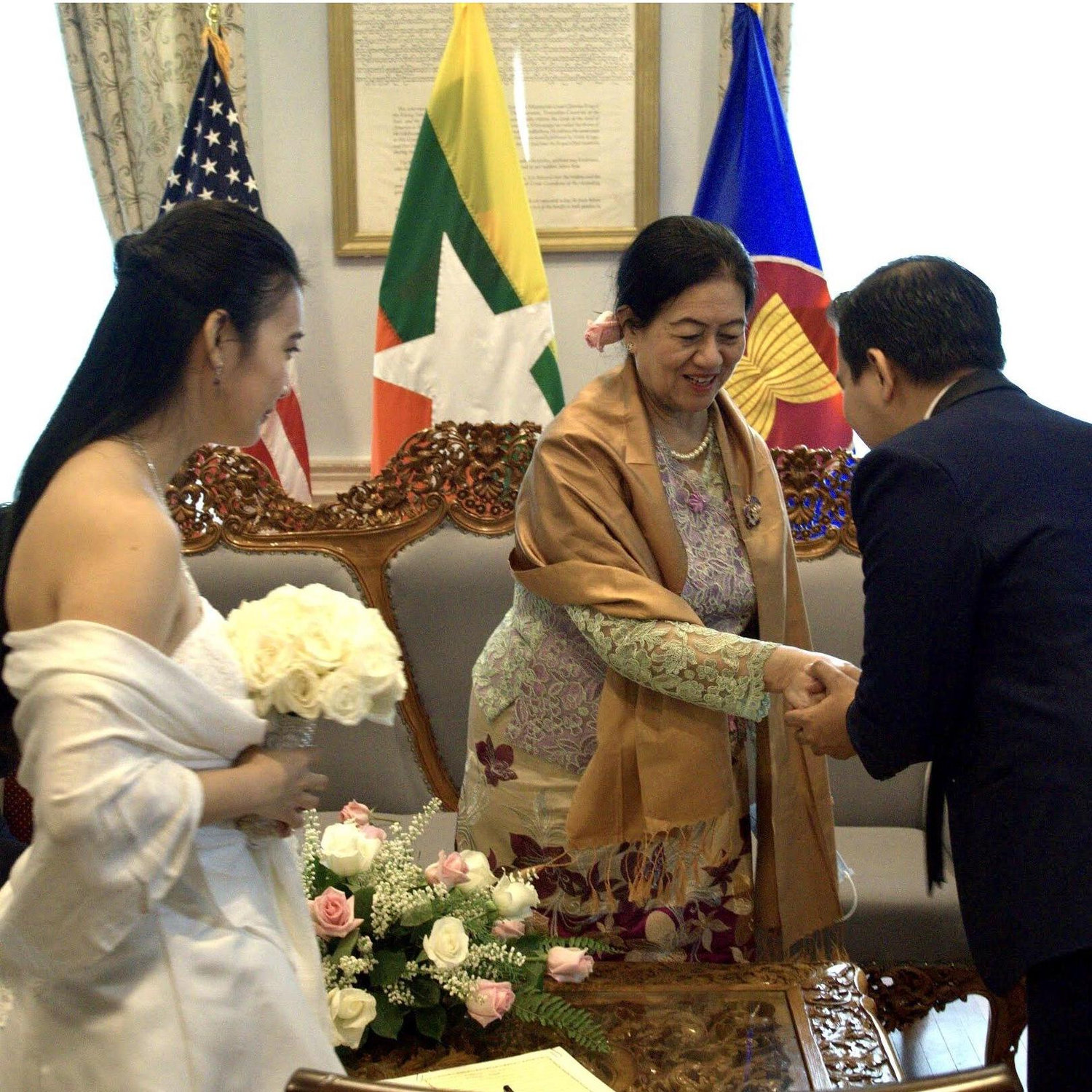 Thank you, Ambassador U Aung Lynn and spouse Daw Kaythi Kyi Wynn, who in the ambassador’s capacity, signed and officially sealed our Marriage Certificates in accordance with Myanmar law.