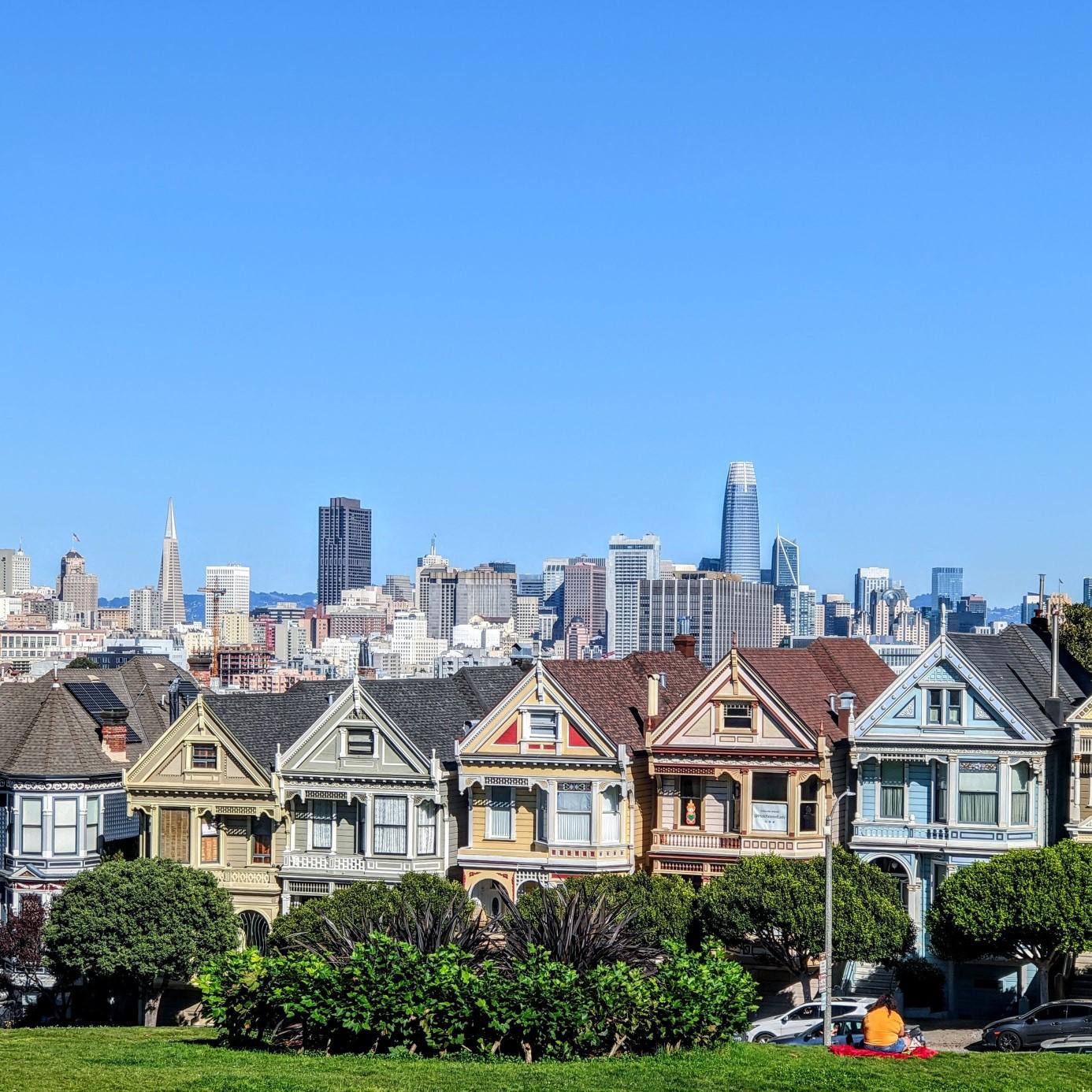 painted ladies with San Francisco behind