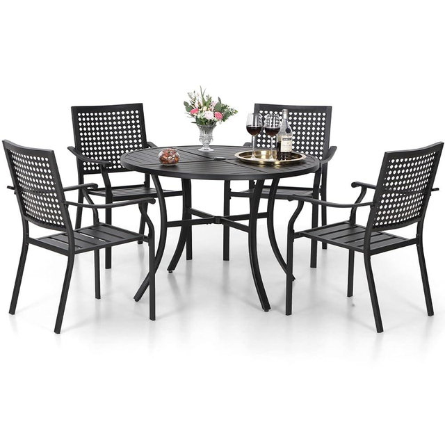 MFSTUDIO 5 Pieces Metal Patio Dining Set, 42" Round Iron Table with 1.57"-1.9" Adjustable Umbrella Hole and 4 Stackable Outdoor Metal Mesh Chairs