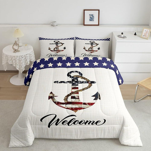 Castle Fairy American Flag Anchor Comforter Set Queen Size,Geometric Star Stripe Bedding Set 3pcs for Kids Teens Adult Room Decor,Nautical Adventure Quilt Set Vintage White Duvet Insert,2 Pillowcases