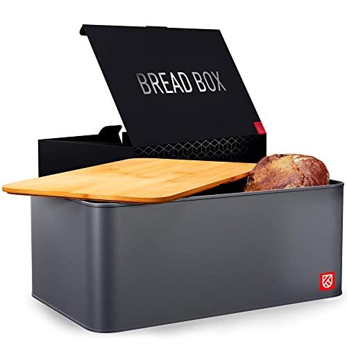 Bread Box with Bamboo Lid - Kensington London Countertop Metal Bread Bin Set with Wooden Chopping Board Top - Keeps Bread Fresher For Longer