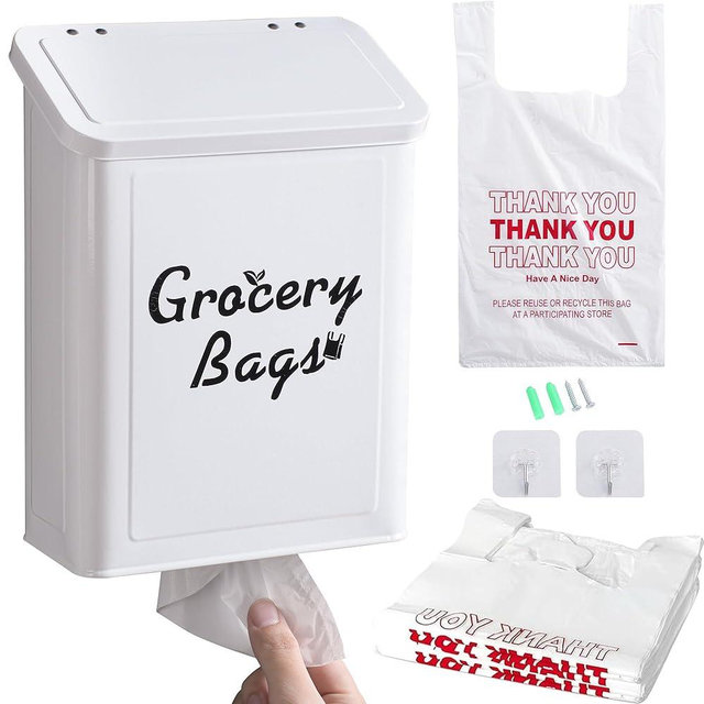 Candco Metal White Magnetic Grocery Bags Holder, Farmhouse Wall Mount Plastic Bag Holder with 50pcs Shopping Bags, Trash Bag Dispenser for Kitchen, Garage, Laundry Room