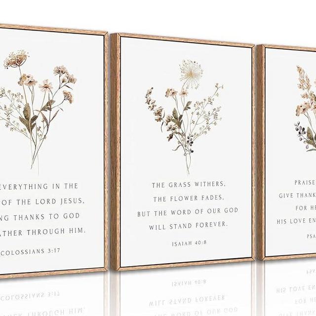 Framed Wildflower Bible Floral Canvas Wall Art Christian Verses Floral Paintings Pictures Decor Botanical Scripture Room Posters Prints for Bedroom Living Room Office Christian Scene Home Decorate