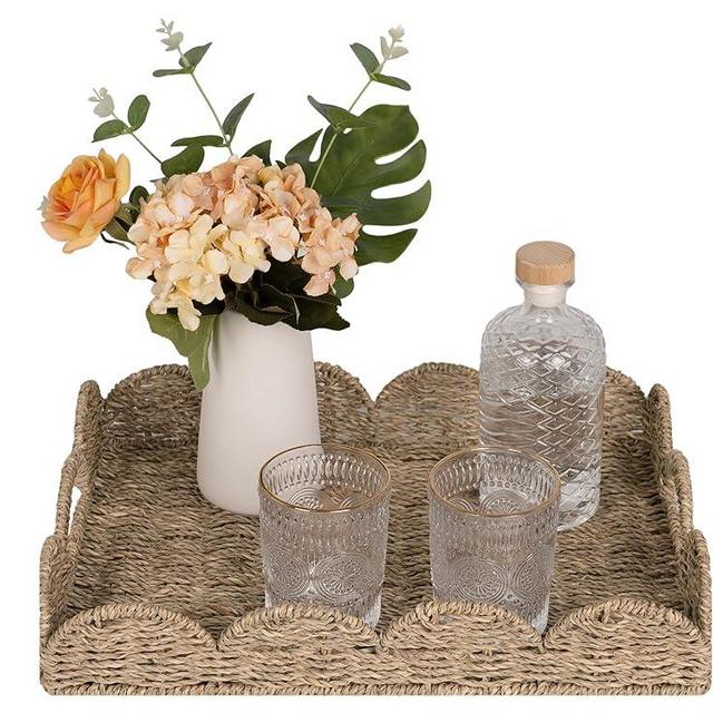StorageWorks Scalloped Edge Rectangle Serving Tray, Rectangle Serving Tray with Built-in Handles, Decoratve Tray for Coffee Table, Seagrass Rattan Tray
