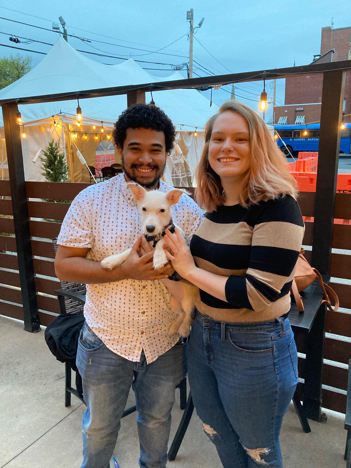 Our first photo as an engaged couple, featuring our infamous gremlin of a dog, Arctic (The Bean).