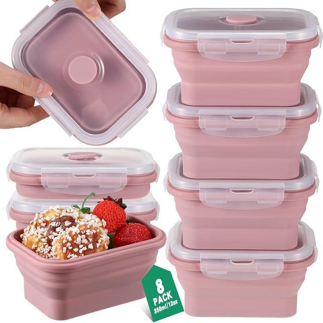 Mifoci Set of 8 Silicone Collapsible Food Storage Containers 12 oz Collapsible Meal Prep Container Square Collapsible Bowl with Lids Vent, Microwave and Freezer and Dishwasher Safe (Bean Paste Pink)