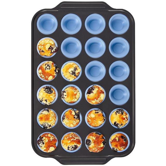 BRONYPRO Silicone Mini Muffin Pan with Metal Frame, Egg Bite Molds for Baking,Cupcake Pan 24 Regular Size, Mini Muffin Tin Easy to Pop Nonstick Non Toxic Bakeware for Oven,Blue