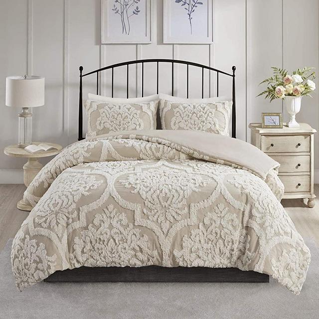 Madison Park Tufted Chenille 100% Cotton Duvet Modern Luxe All Season Comforter Cover Bed Set with Matching Shams, Full/Queen(90"x90"), Viola, Damask Taupe 3 Piece