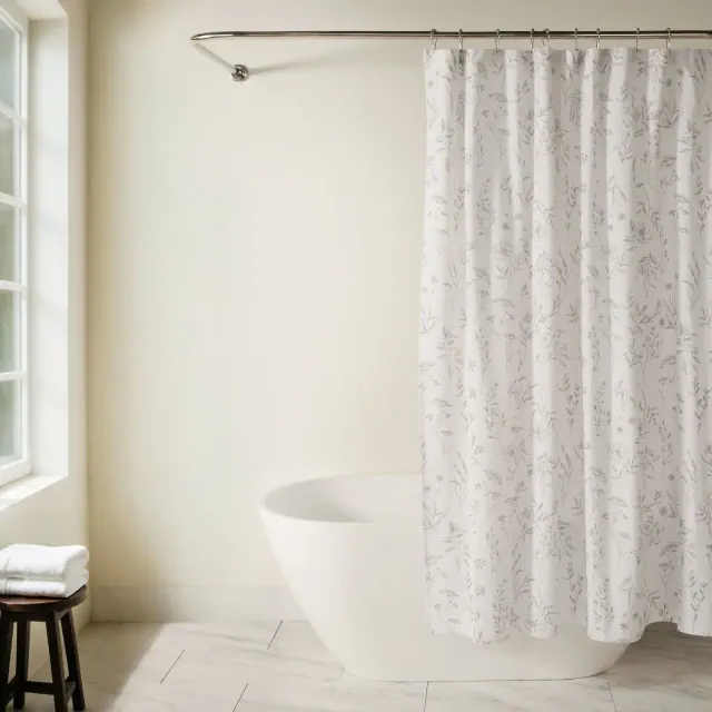 Cotton Rich Printed Shower Curtain – 72x72 Washable Fabric, Modern Farmhouse Bathroom Decor - Becky Cameron, Linear Flowers Gray