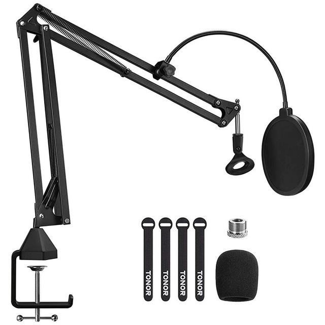 Microphone Arm Stand, TONOR Adjustable Suspension Boom Scissor Mic Stand with Pop Filter, 3/8" to 5/8" Adapter, Mic Clip, Upgraded Heavy Duty Clamp for Blue Yeti Nano Snowball Ice and Other Mics(T20)