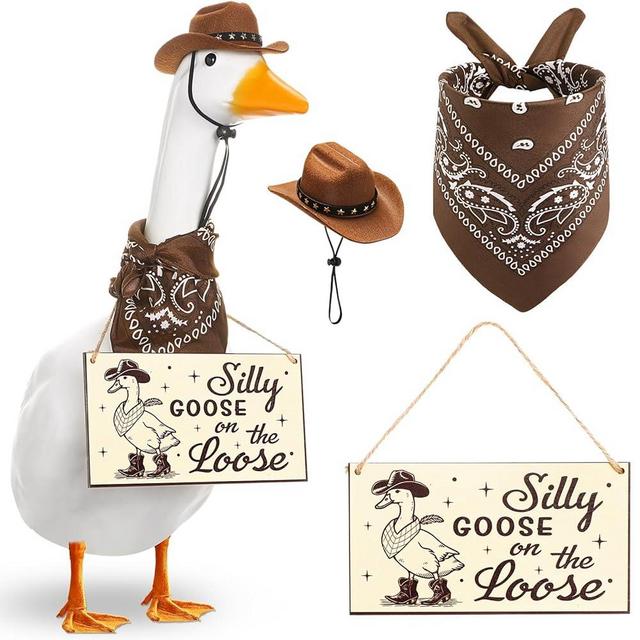 Silicherry Funny Porch Goose Decoration Set Silly Goose on the Loose Hangings Sign Cowboy with Outfit Cowboy Hat and Bandana for 23" Cement/plastic Outdoor Statue Patio Yard Lawn Art(Brown)