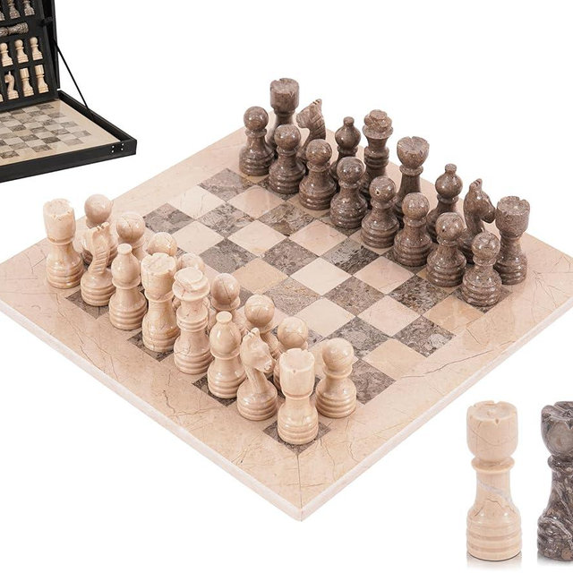 Marble Chess Set for Adults 12" Handmade Verona & Oceanic Board Game with 32 Chess Pieces, 2 Extra Queens & Storage Box, Luxury Travel Game, Elegant Gift for Fathers Day and Home Decor