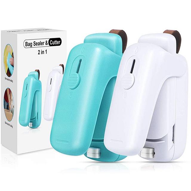 EZCO 2-Pack Bag Sealer Mini, Handheld Bag Heat Vacuum Sealer, 2 in 1 Heat Sealer & Cutter Portable Bag Resealer Machine Food Saver for Plastic Bags Storage Snack Cookies Fresh (Battery Included)