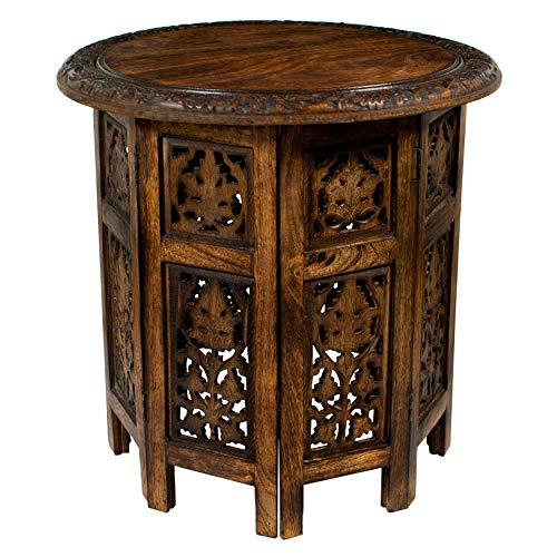 Cotton Craft Jaipur Solid Wood Hand Carved Accent Coffee Table - 18 Inch Round Top x 18 Inch High - Antique Brown