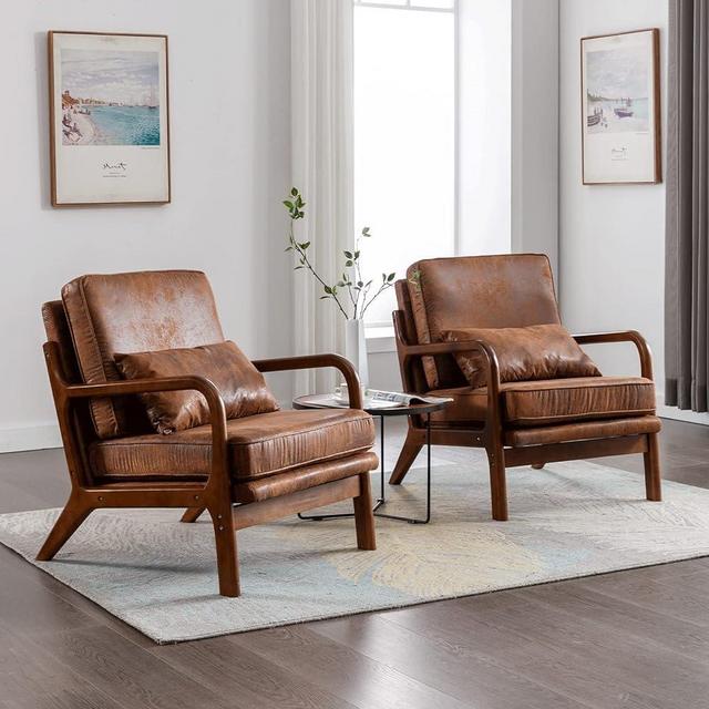 Mid Century Modern Accent Chair Set of 2 Living Room- Comfy Solid Wood Arm Chair with Lumber Pillow Lounge Decorative Brown Leather Office Side Chair Bedroom Reading Nook Sillas De Sala Microfiber