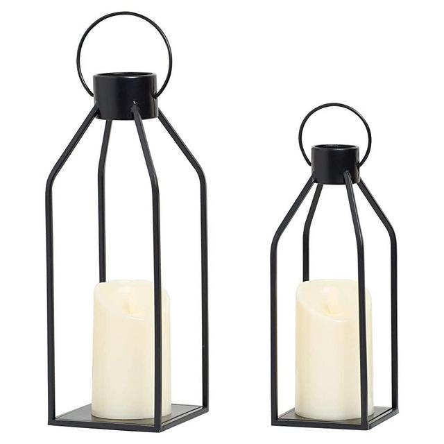 HPC DECOR Modern Farmhouse Lantern Decor- Black Metal Candle Lanterns Set of 2- Lanterns Decorative w/ Flickering LED Candles- 13'' 10.4'' Candle Lanterns for Indoor,Outdoor,Tabletop,Mantle (No Glass)