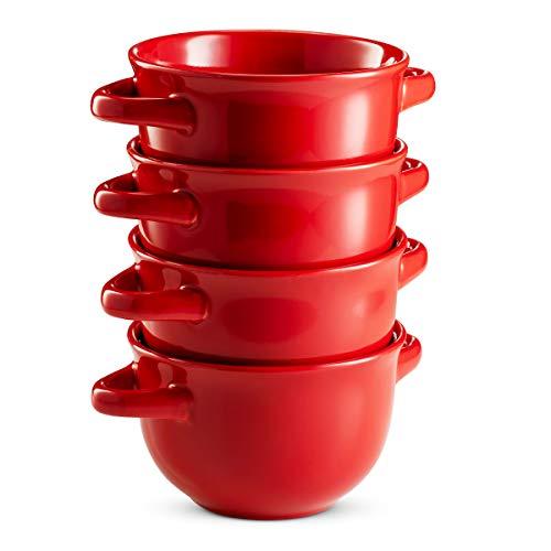 Soup Crocks with Handles, Ceramic Make, Soup, Chilli, by KooK, 22oz, Set of 4 (Red)