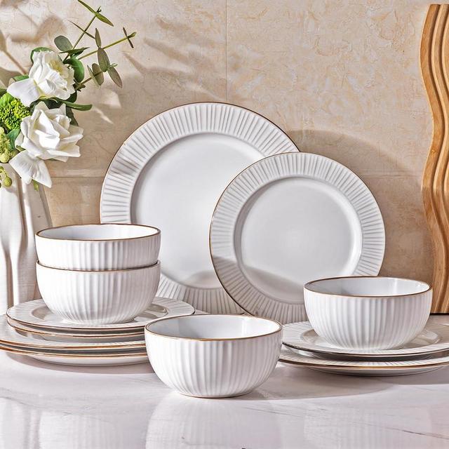 GBHOME Ceramic Dinnerware Sets, Embossed White Stoneware Plates and Bowls Sets, Housewarming Wedding Gift | Dishwasher & Microwave Safe | Dishes Set Service for 4