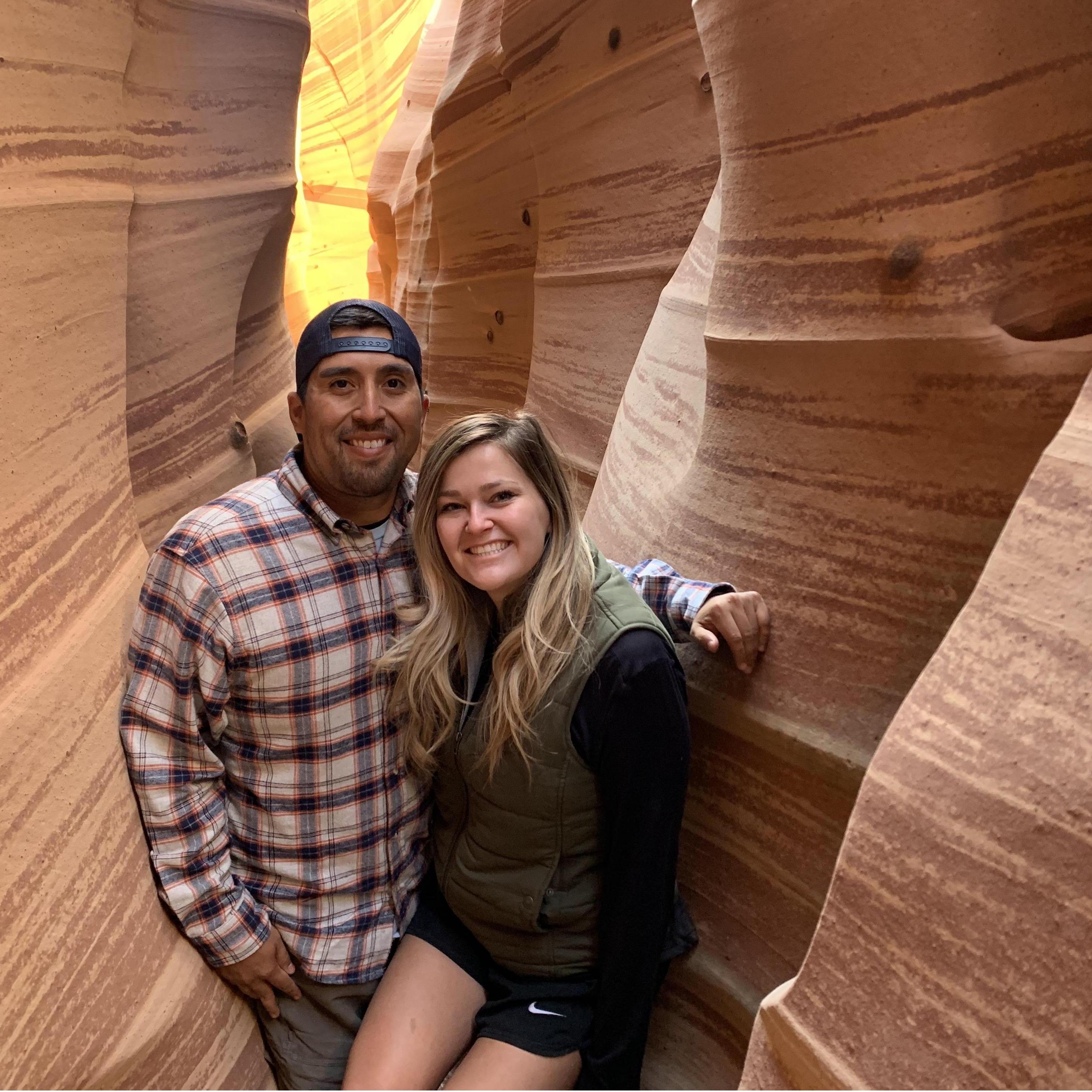 Squeezing through slot canyons in Utah