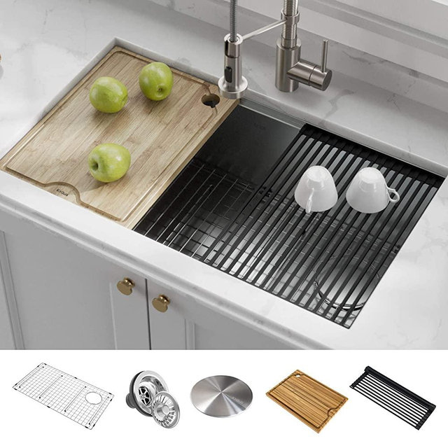 KRAUS KWU110-32 Kore Workstation 32-inch Undermount 16 Gauge Single Bowl Stainless Steel Kitchen Sink with Integrated Ledge and Accessories (Pack of 5)