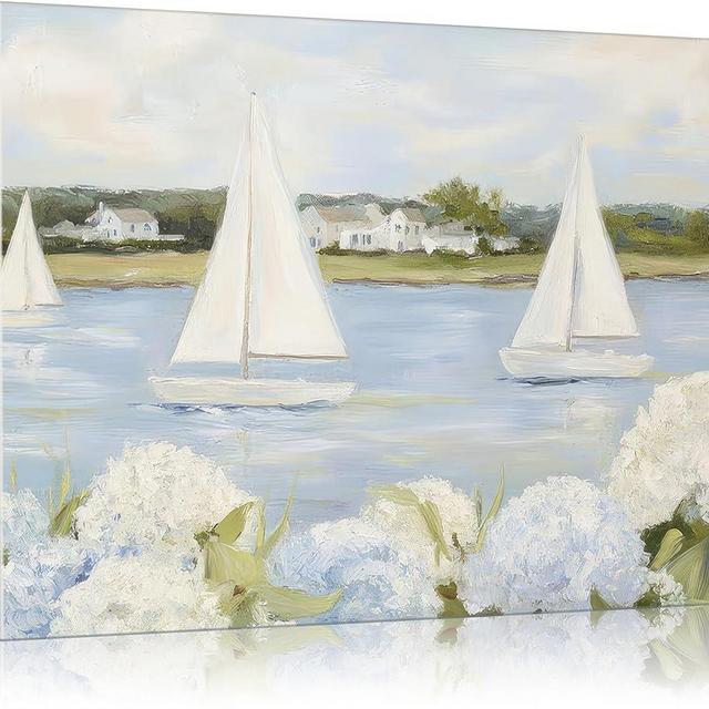Vintage Floral Blue Coastal Canvas Wall Art Sailboat & Hydrangea Pictures Wall Decor Coastal Grandaughter Nautical Posters Grandmillenial Preppy Beachy Painting Print Artwork for Beach House Bedroom