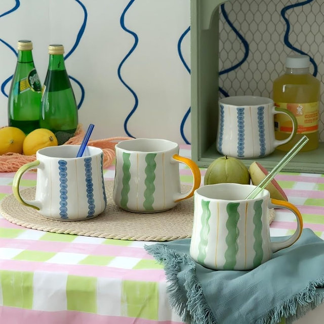 DELIGHTS GALORE Striped Ceramic Coffee Mug Set of 4 (16oz) - Handmade Look Tea Cups with Yellow/Green Handles, Microwave Safe, Durable Daily Drinkware