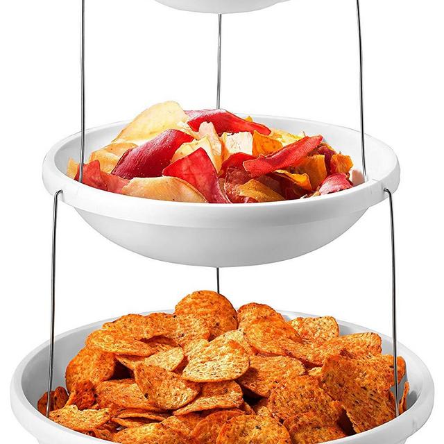 Masirs - Collapsible Bowl, 3 Tier - The Decorative Plastic Bowls Twist Down and Fold Inside for Minimal Storage Space. Perfect for Serving Snacks, Salad and Fruit. The Top Bowl is Divided into Three Sections.