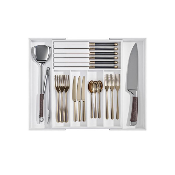 Silverware Drawer Organizer Bamboo Knife Organizer Drawer Insert Expandable Utensil Holder for Kitchen Drawer Flatware Holder W12.8-20.2" x L16 x H2 (White)