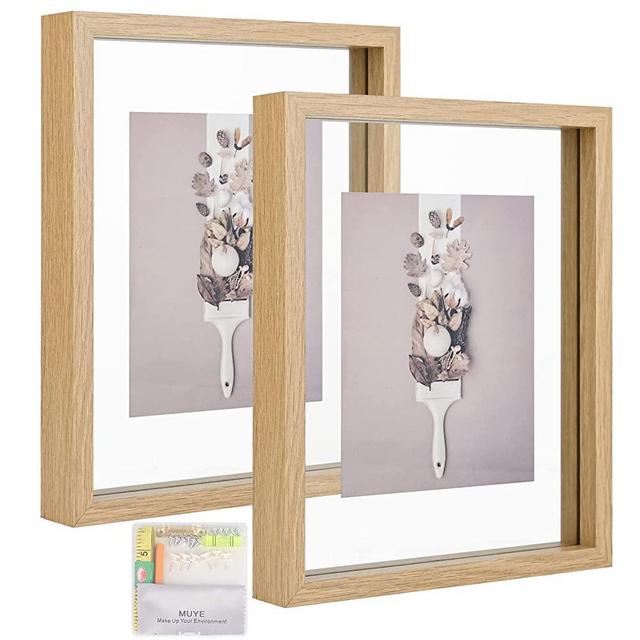 MUYE 8x10 Floating Frame Set of 2,Double Glass Rustic Photo Frame for Wall Hanging or Tabletop Standing,Display Any Size Photo up to 8x10,Natural