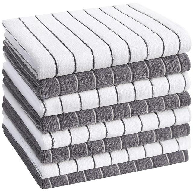 HYER KITCHEN Microfiber Kitchen Towels, Stripe Designed, Super Soft and Absorbent Dish Towels, Pack of 8, 18 x 26 Inch, Gray and White