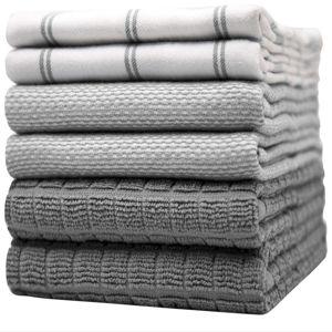 Premium Kitchen Towels (20”x 28”, 6 Pack) | Large Cotton Dish Towels | Flat & Terry Highly Absorbent Kitchen Linen Set with Hanging Loop | Grey Check