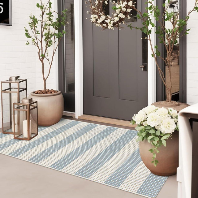 Sungea Boho Striped Outdoor Mats for Front Door 2'x4.3',Blue and Cream Washable Rug Runner,Cotton Hand Woven Indoor Outdoor Rugs,Foldable Farmhouse Layered Door Mats for Entryway