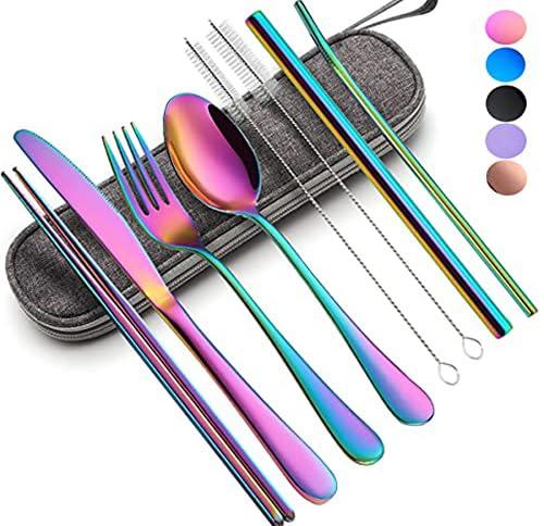 Travel Utensils with Case, Portable Travel Utensils Cutlery Set Stainless Steel Flatware Set for Camping 8pcs Including Dinner Knife Fork Spoon Chopsticks Boba Straw (Rainbow)