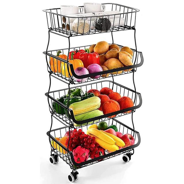 Fruit and Vegetable Storage - 4 Tier Fruit Basket Stand for Kitchen Floor, Metal Wire Storage Backets with Wheels for Produce Pantry Vegtable Organizer Black