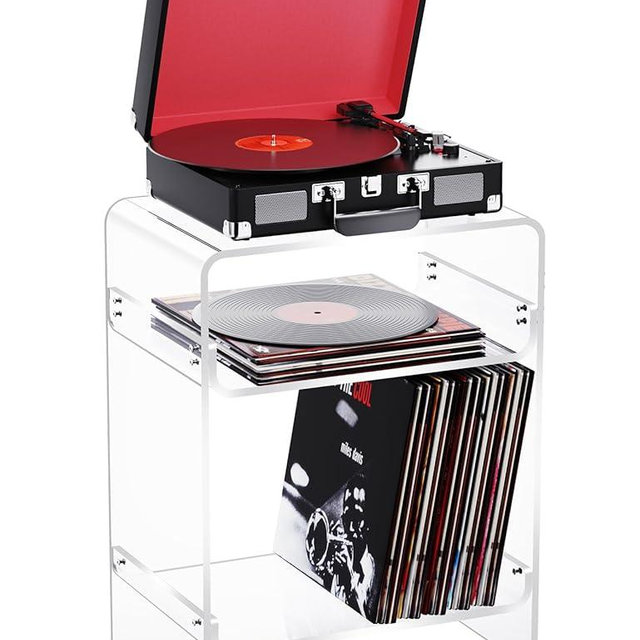 Acrylic Record Player Table with Storage Shelf, Clear Side Table Nightstand (Clear)