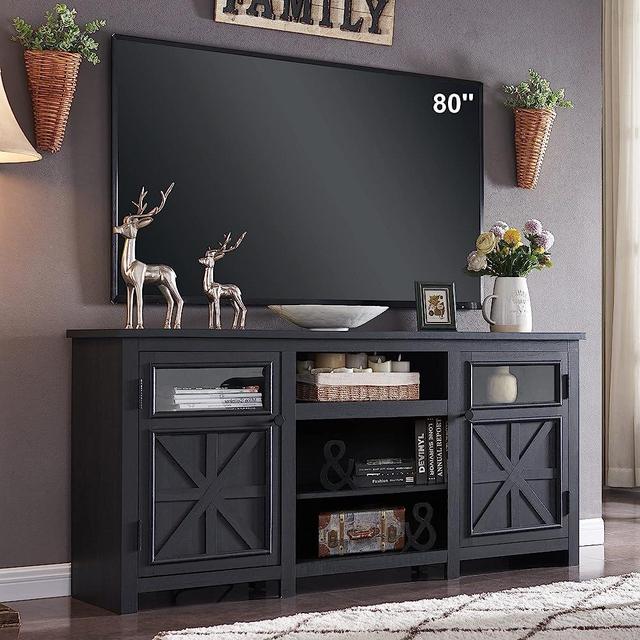 JXQTLINGMU TV Stand for 75 inch TV, Farmhouse TV Stand with Storage for Living Room, Entertainment Center, TV Console, Rustic (Black)
